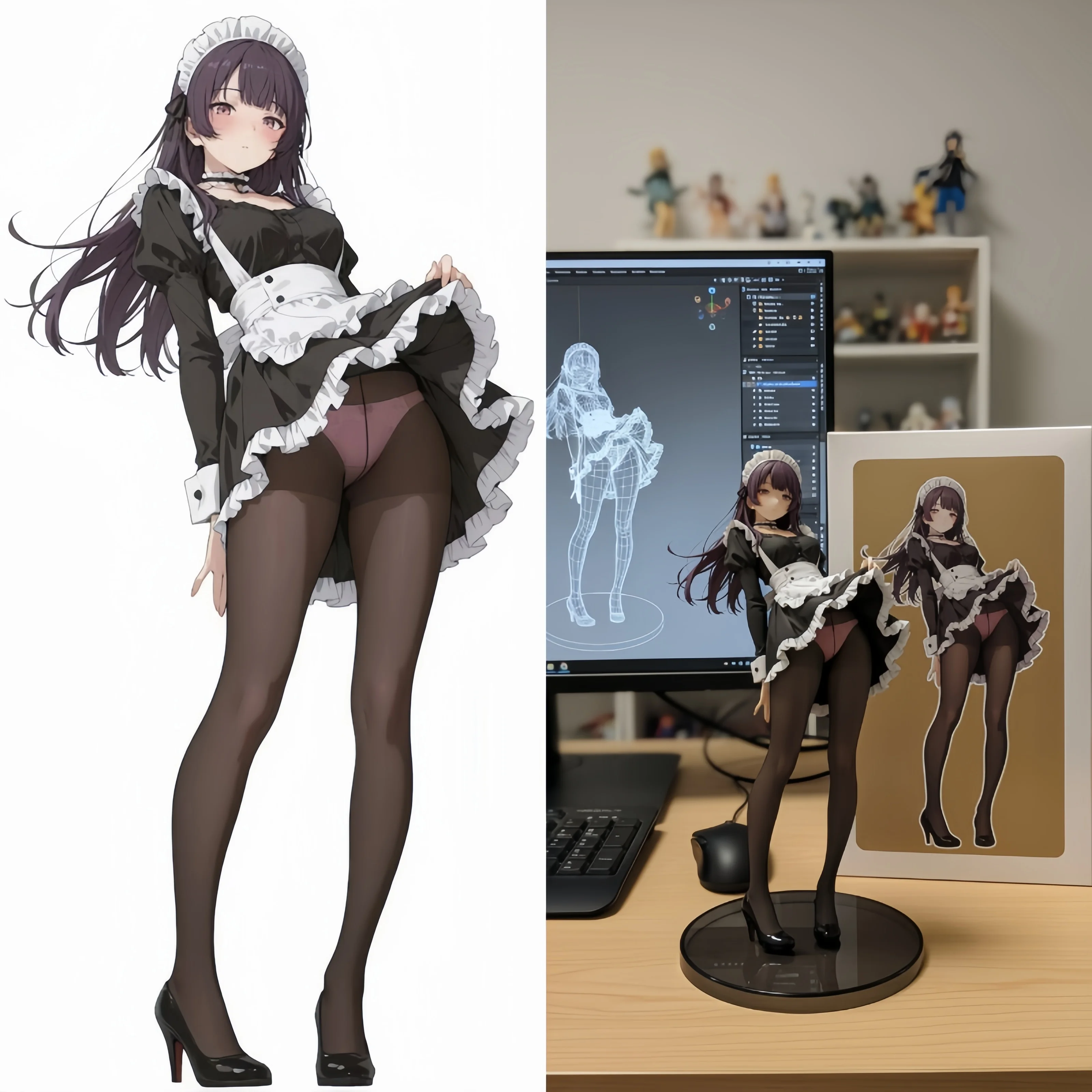 AI image: Turn this photo into a character figure (figurine). Place a box behind it printed with the character's image, with a computer on the box showing the Blender modeling process. Add a round plastic base in front of the box with the figure standing on it. If possible, set the scene indoors.