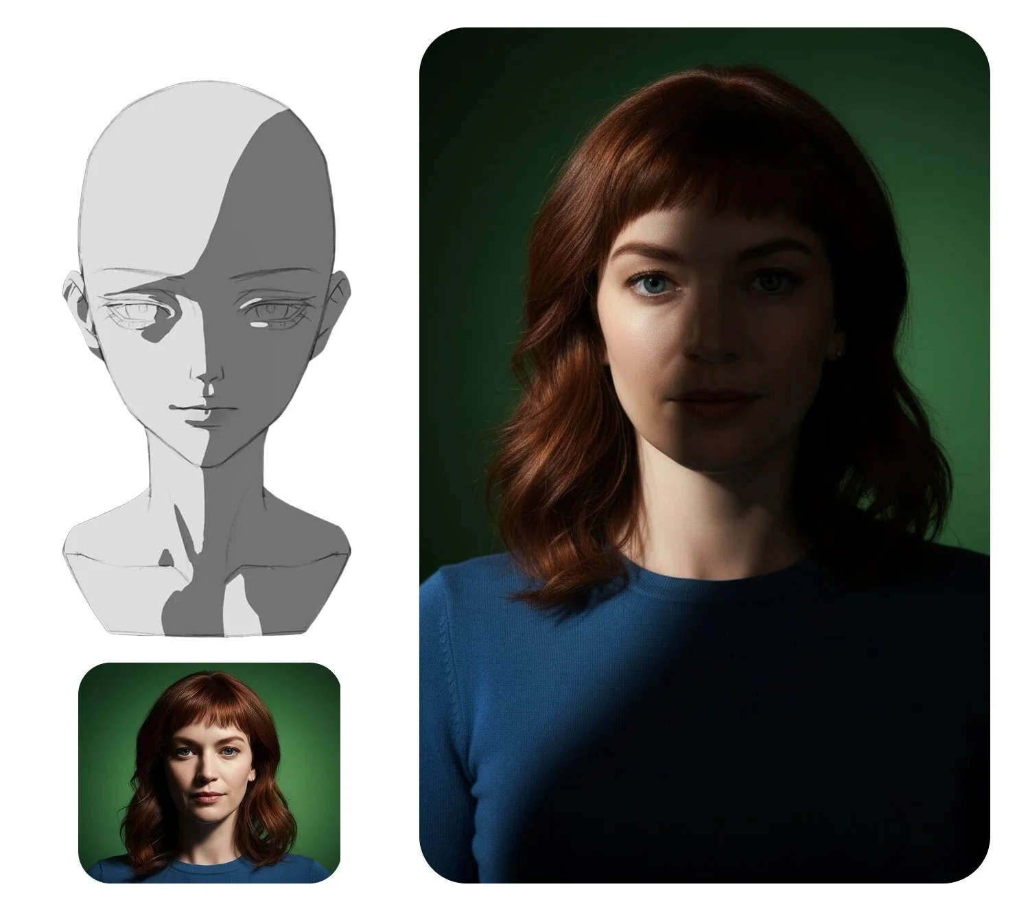AI image: Change the lighting and shadows on the person in image 1 to match the light and shadow in image 2, keeping the dark tones deep.