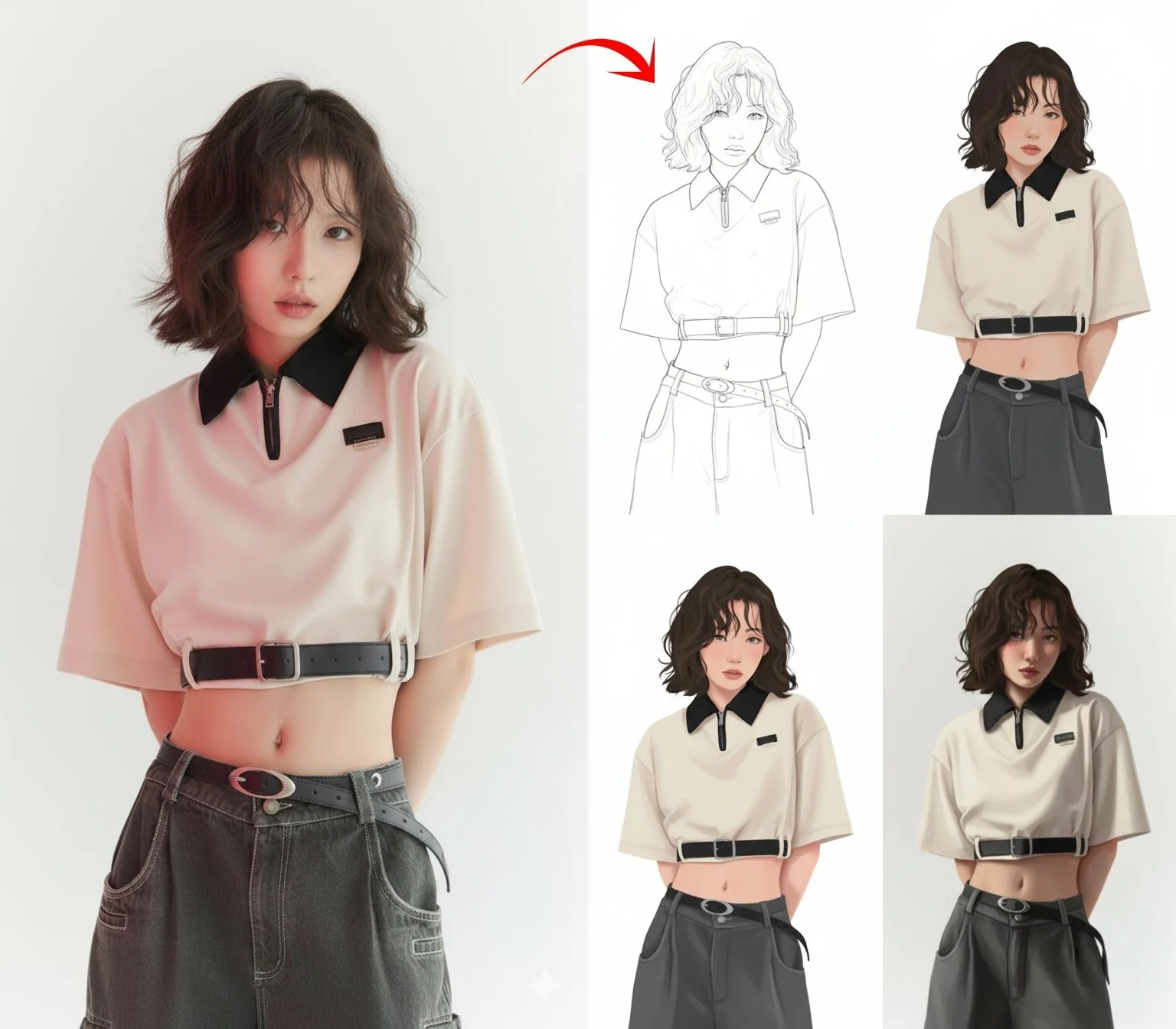 AI image: Generate a four-panel sequence showing the drawing process for the character: 1. Line art 2. Flat base colors 3. Added shadows 4. Refined final rendering No text.