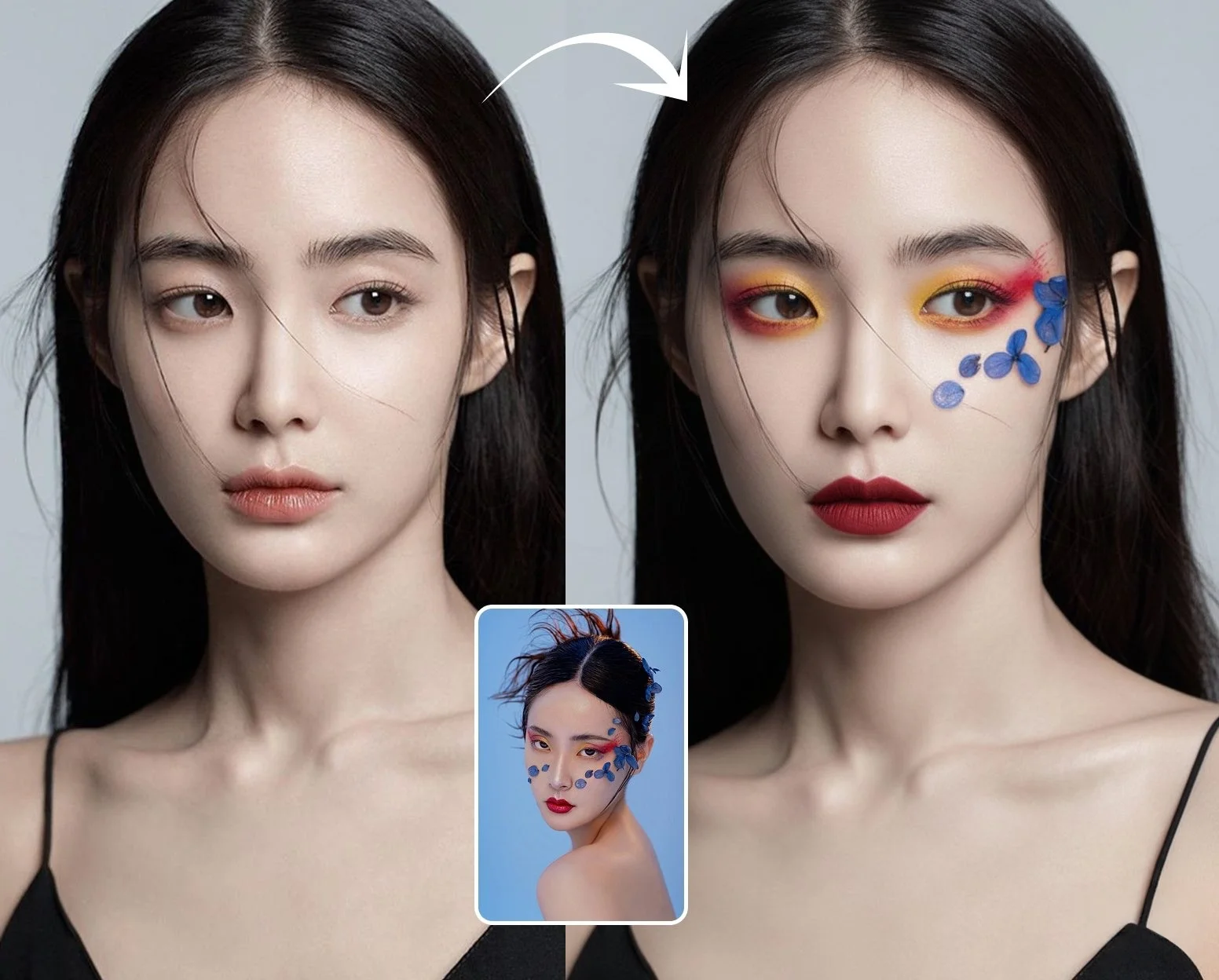 AI image: Apply the makeup style from image 2 to the person in image 1, while keeping the pose from image 1.