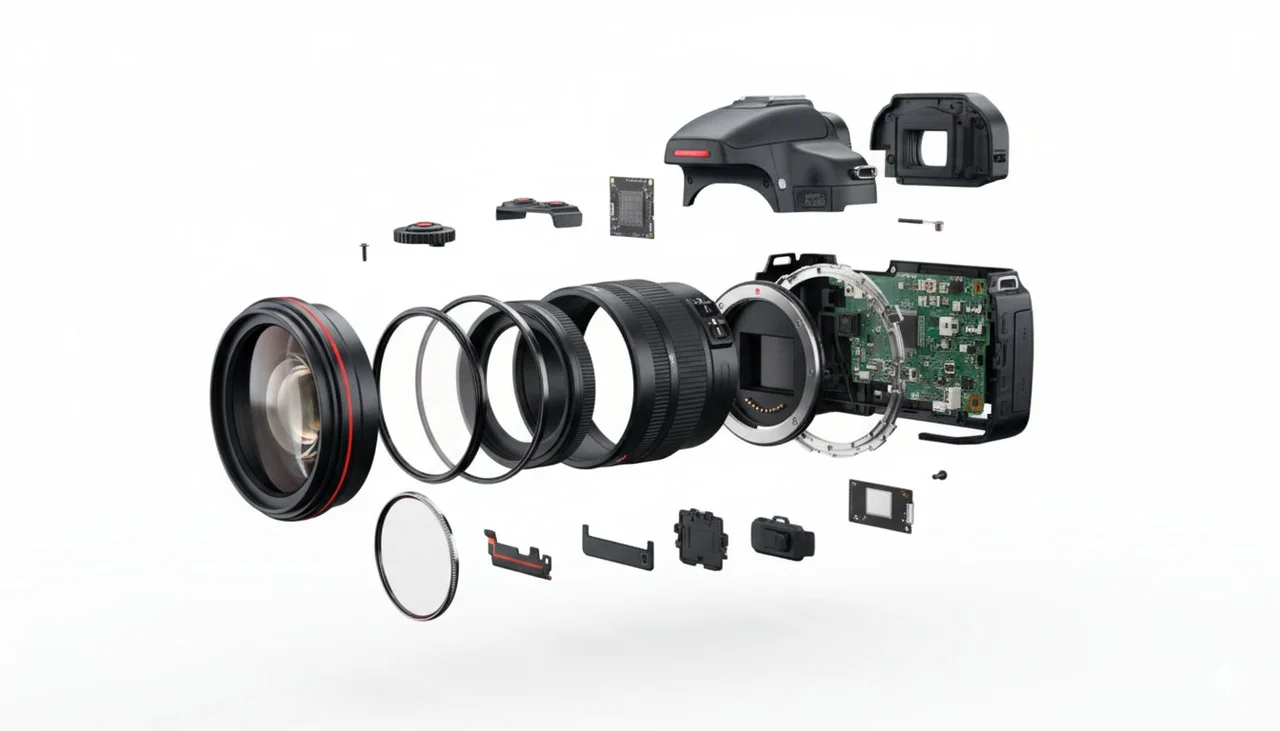 AI image: An exploded diagram of a digital SLR camera, showing all its accessories and internal components, such as lenses, filters, internal parts, sensor, screws, buttons, viewfinder, housing, and circuit boards, while retaining the DSLR's red accents.
