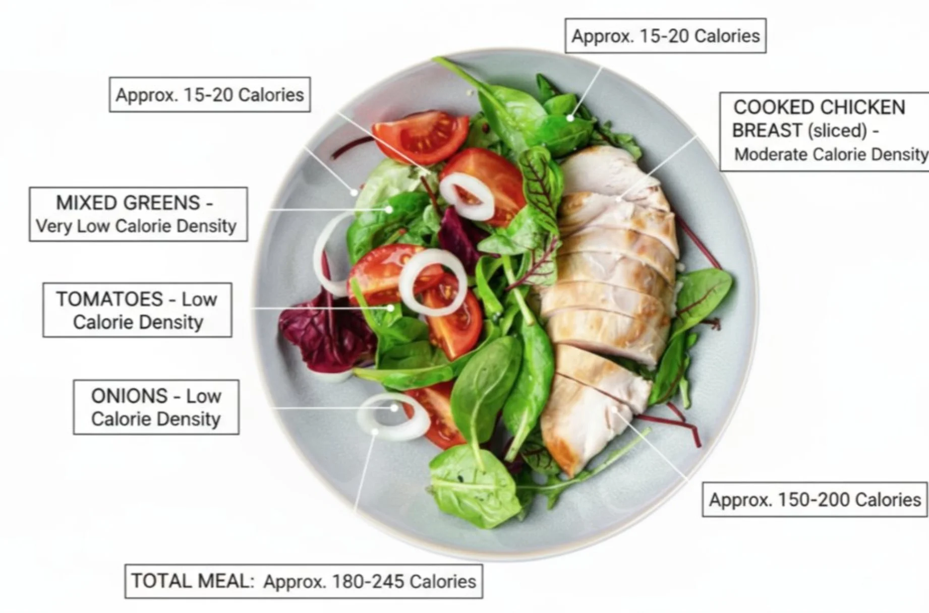 AI image: Annotate this meal with the food names, calorie density, and approximate calories.