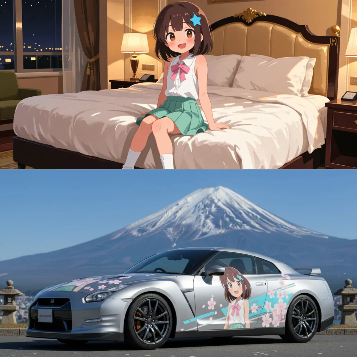 AI image: Create a professional photograph of a sports car featuring an anime-style character design as an "itasha" (decorated car) wrap, shot at a famous tourist attraction or landmark. The car should have a bold, prominent large anime character illustration, with a clean and simple composition. The character art should use vivid anime art style, bold colors, and clear details. Place the car at a well-known scenic spot with plenty of natural light to show off both the sporty look and the character design. Use professional car-photography techniques and appropriate depth of field to highlight the itasha design while integrating the scenic background, enhancing tourism appeal and making it suitable for promotional or enthusiast marketing materials.