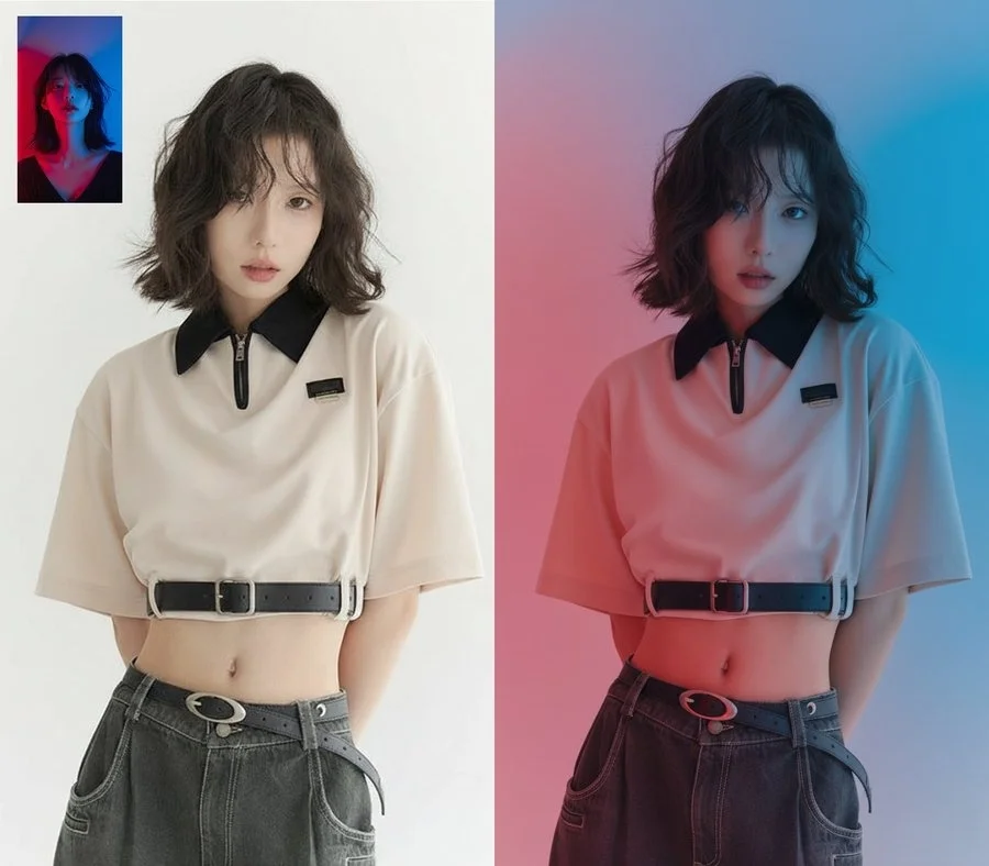 AI image: Apply the lighting setup from image 2 to image 1, as a professionally lit photo.