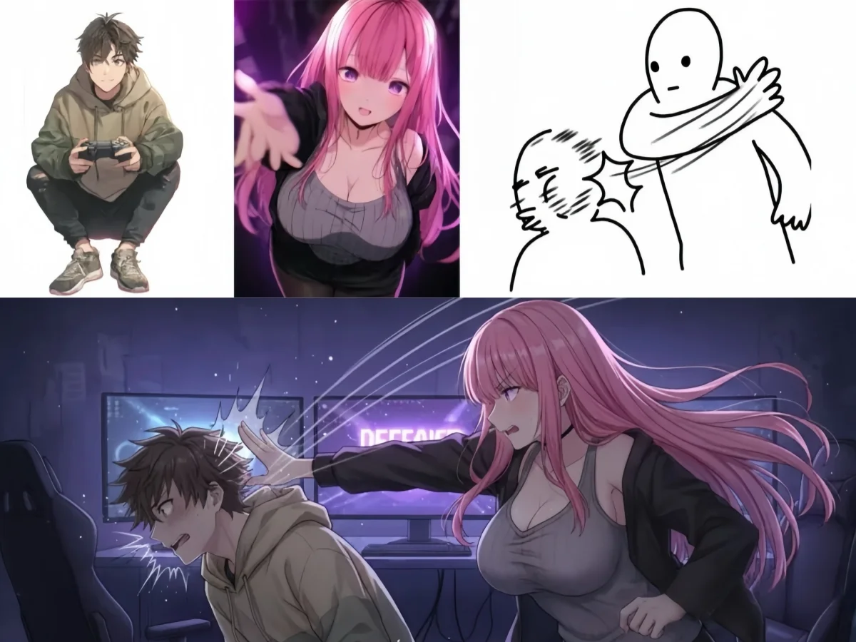 AI image: Have these two characters fight using the pose from image 3. Add an appropriate visual background and scene interaction, and generate the image with a 16:9 aspect ratio.