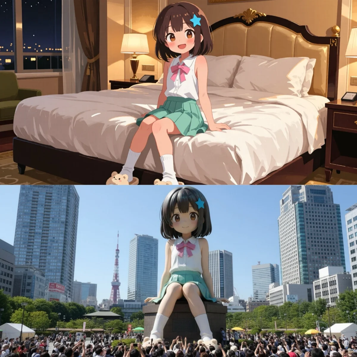 AI image: A realistic photographic artwork: a giant statue of this person is placed in a central plaza in Tokyo, with people looking up at it.