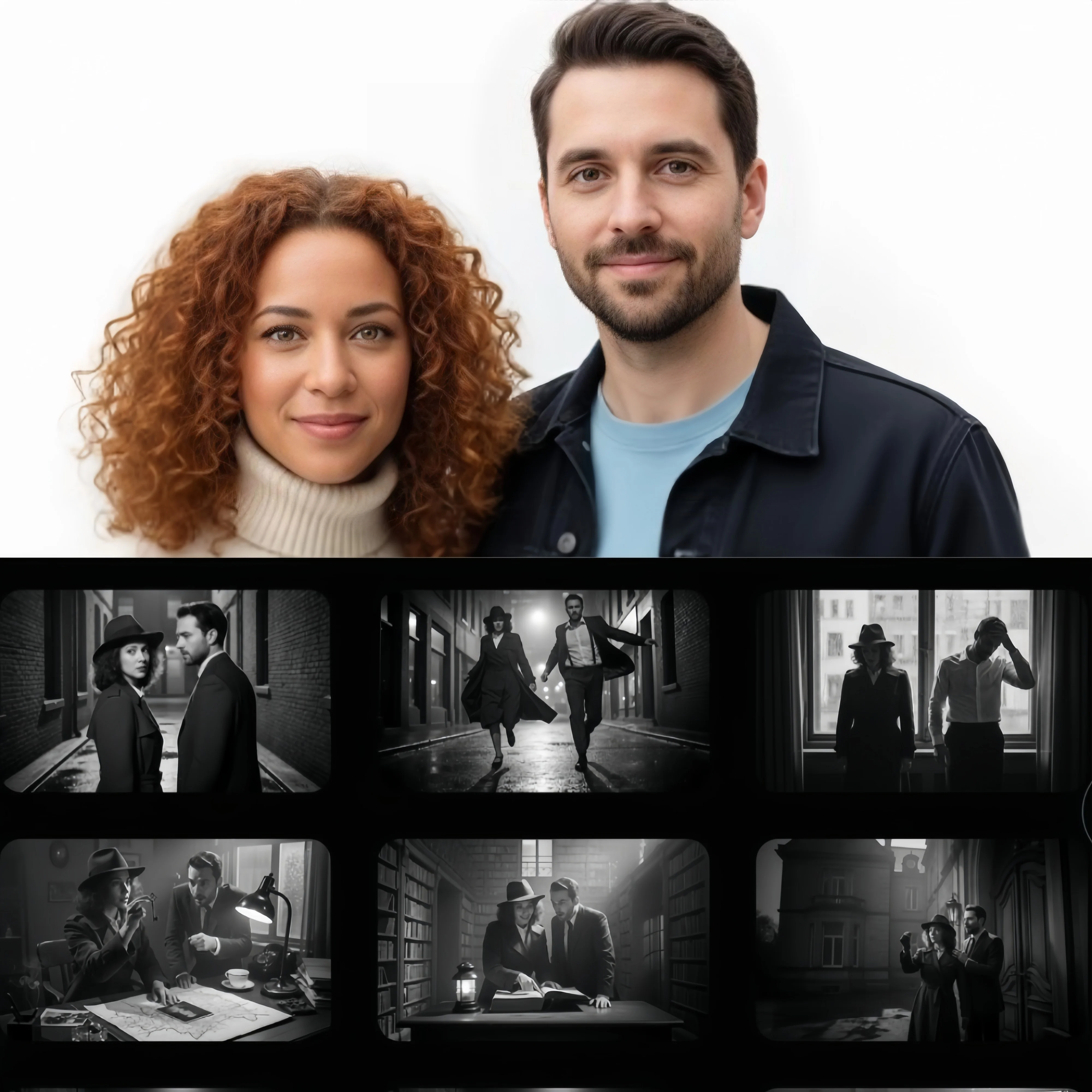 AI image: Using these two characters, create an addictive 12-part story with 12 images that tells a classic film-noir detective tale about them searching for clues and ultimately discovering a lost treasure. The story should be thrilling, with emotional highs and lows, and end with a surprising twist and climax. Do not include any words or text in the images; tell the story purely through the visuals.