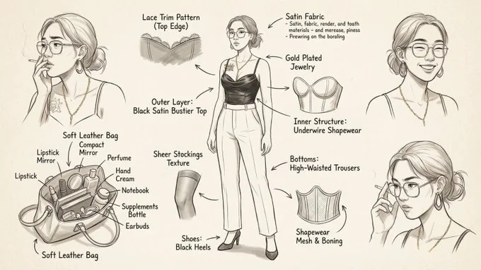 AI image: A fashion-style concept breakdown sheet in hand-drawn illustration style. Center: full-body view of a stylish, confident female character with a slightly sexy vibe (not explicit), in a dynamic yet natural pose. Surrounding: structured layout of her key components: • Clothing layering – show outerwear, innerwear, tights (lace, sheer textures), shapewear with detailed pattern zoom-ins. • Expression sheet – 3-4 facial expressions (neutral, shy, surprised, focused). • Close-up zooms – textures of fabric folds, skin details, hand gestures. • Lifestyle & accessories – open handbag with daily items: lipstick, perfume, mirror compact, hand cream, diary, supplements. • Material annotations – handwritten-style notes beside each item (e.g., "soft lace," "matte leather," "shade #520"). Background: soft beige or parchment paper texture to evoke a design sketchbook. Lighting: clean, soft shadows to unify the scene. Output: high-quality 2D illustration in 4K, balanced between sensuality and fashion editorial. Language: labels in Chinese + English.