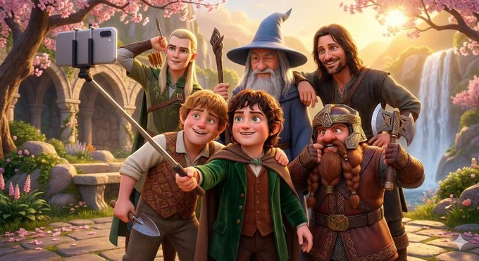 AI image: A vibrant Pixar-style 3D animated scene depicting a joyful group selfie moment featuring a group of characters in a culturally representative environment. At the center, main character confidently holds a selfie stick topped with an iPhone. Characters adopt poses reflective of their distinct personality traits with expressive faces. All characters wear bright, cheerful, and adorably rounded outfits styled in a contemporary fusion of traditional and modern attire. The scene is warmly lit, colorful, and filled with dynamic expressions and lively poses.