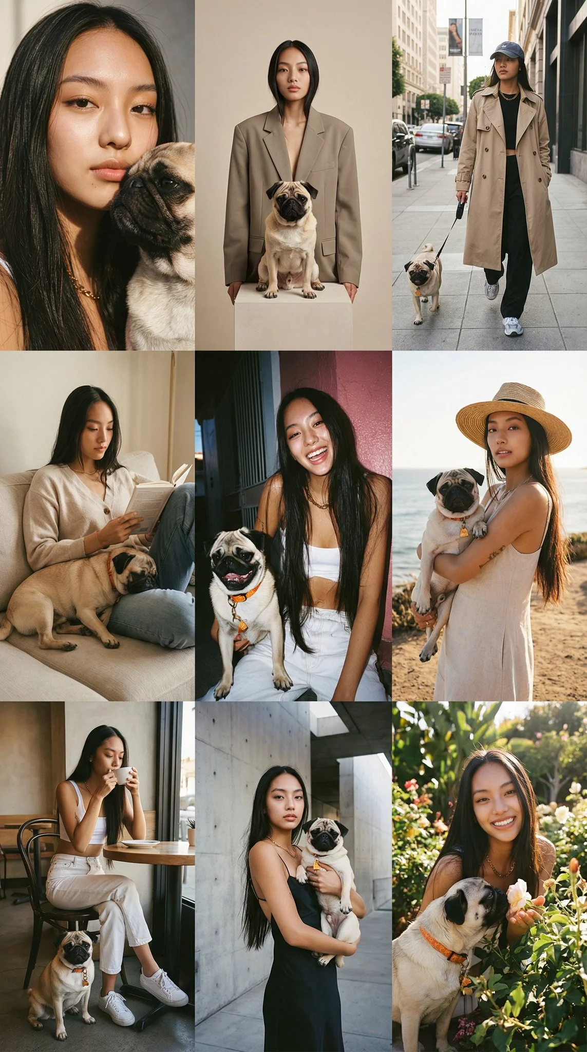 AI image: Create a full Instagram-style 3×3 grid feed composed of nine different portrait images, all featuring the same person. Ensure the person's identity, facial structure, and style remain consistent across all nine posts. Each of the 9 images should present a unique concept, outfit, pose, and environment that fits a stylish, modern Instagram aesthetic. Include a mix of: lifestyle shots, cinematic portraits, fashion/streetwear scenes, close-up beauty shots, travel or outdoor vibes, cozy indoor moments, minimalist studio portraits. Make every image hyperrealistic.