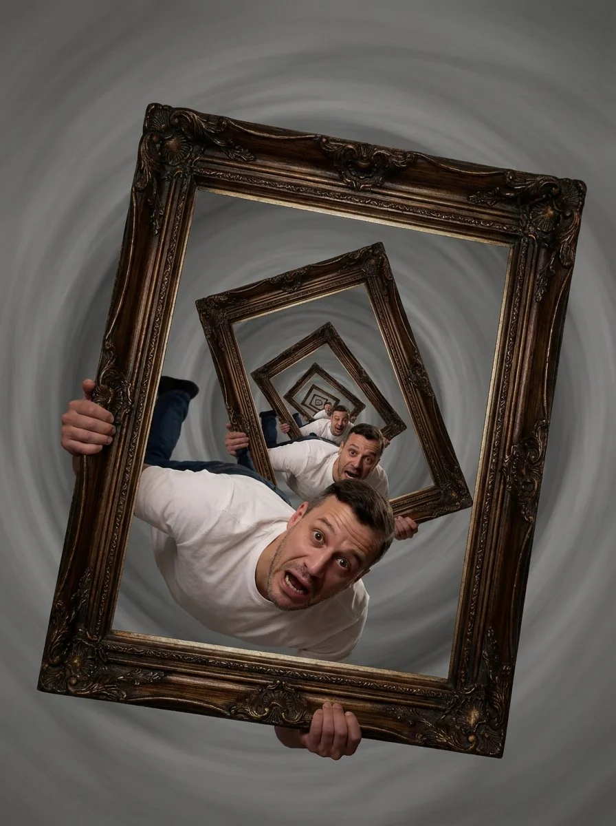 AI image: A man with wide, horrified eyes holds a large, ornate picture frame. Inside the frame is a perfect photograph of him holding the same frame with the same horrified expression. Inside that frame is a smaller version, spiraling inward. He is falling forward into the picture, tumbling endlessly into smaller and smaller iterations of his own trapped moment, shrinking into infinity with no bottom to hit. The Trap: He is caught in Visual Recursion.