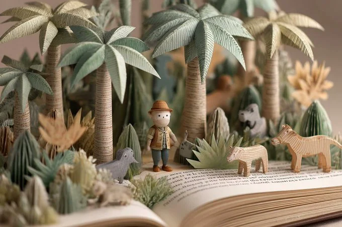 AI image: A 3D pop-up book illustration featuring a subject, with layered paper elements unfolding into a miniature scene. Soft lighting, textured paper surfaces, playful handcrafted look, pastel color palette, viewed from a slight angle to show depth and detail.