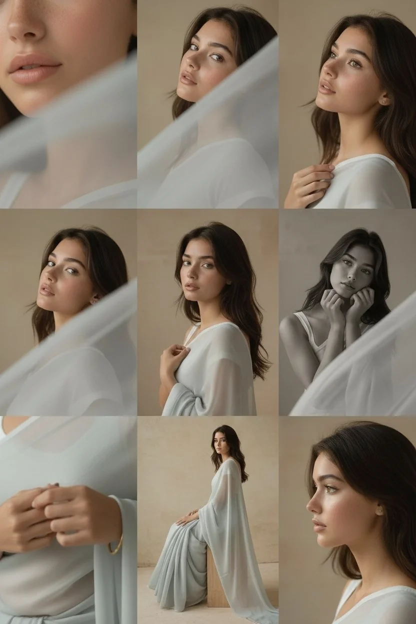 AI image: Editorial 3x3 grid in soft golden-beige studio. Character wearing a glossy silk saree with minimal jewelry. Lighting: warm soft key from right, reflector fill left. Shots: extreme lip/cheek macro with blurred silk, tight eye reflection crop, B&W chin-on-fist frame-fill, fabric-framed shoulder view, frontal close-up with hand-light pattern, angled portrait with loose strands, jawline-focused hand crop, half-body seated on cube, profile with rim slice. RAW, elegant tonal grade, smooth cinematic grain.