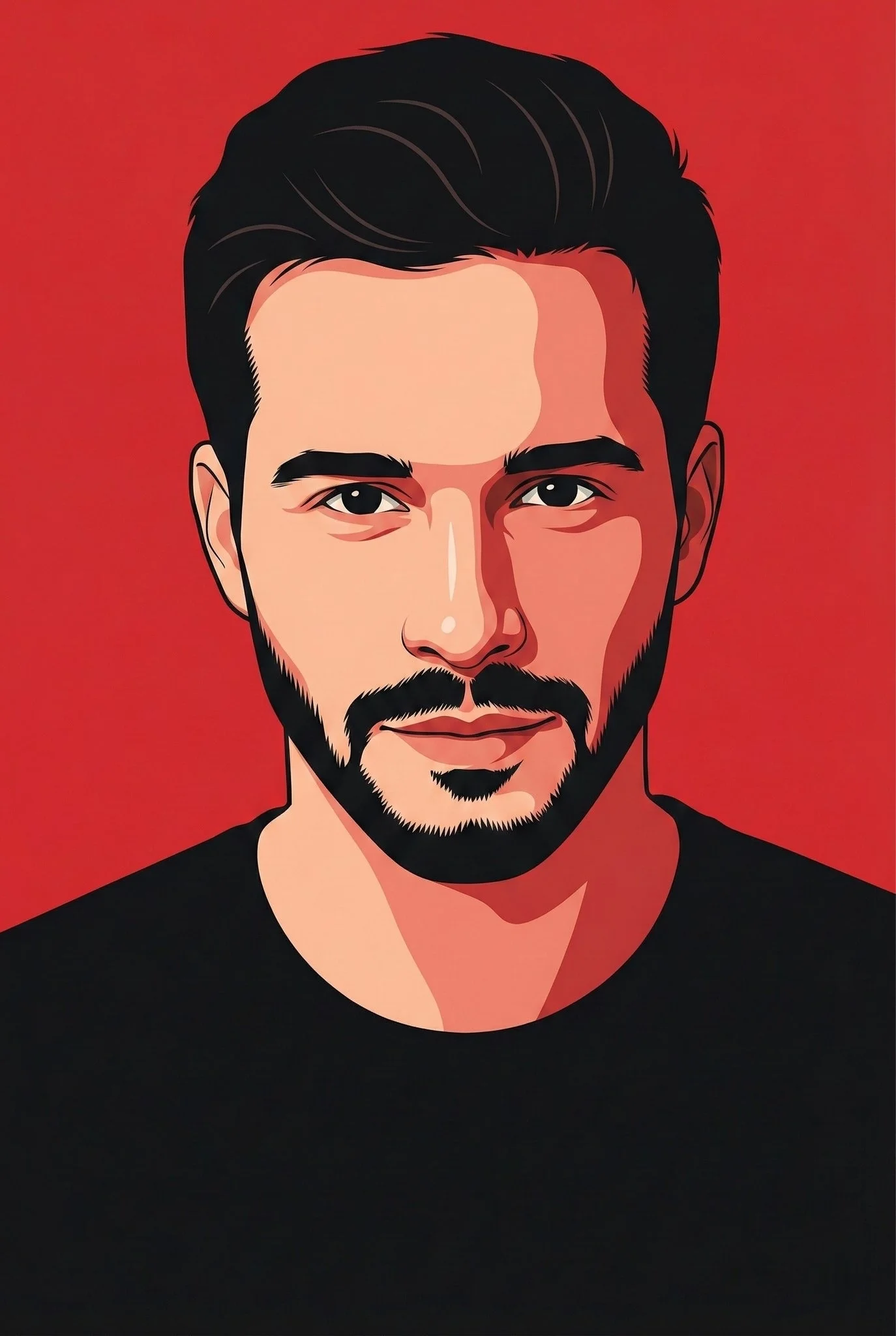 AI image: Generate a sleek digital artwork designed in the style of a modern vector poster portrait. Visual Style & Elements: A crisp vector aesthetic featuring strong line work and smooth, flat color shading. Apply striking, high-contrast tones: light peach skin with gentle reddish shadowing. Hair should be rendered with clean, stylized edges in deep brown/black shades. Set the background to a solid red tone.