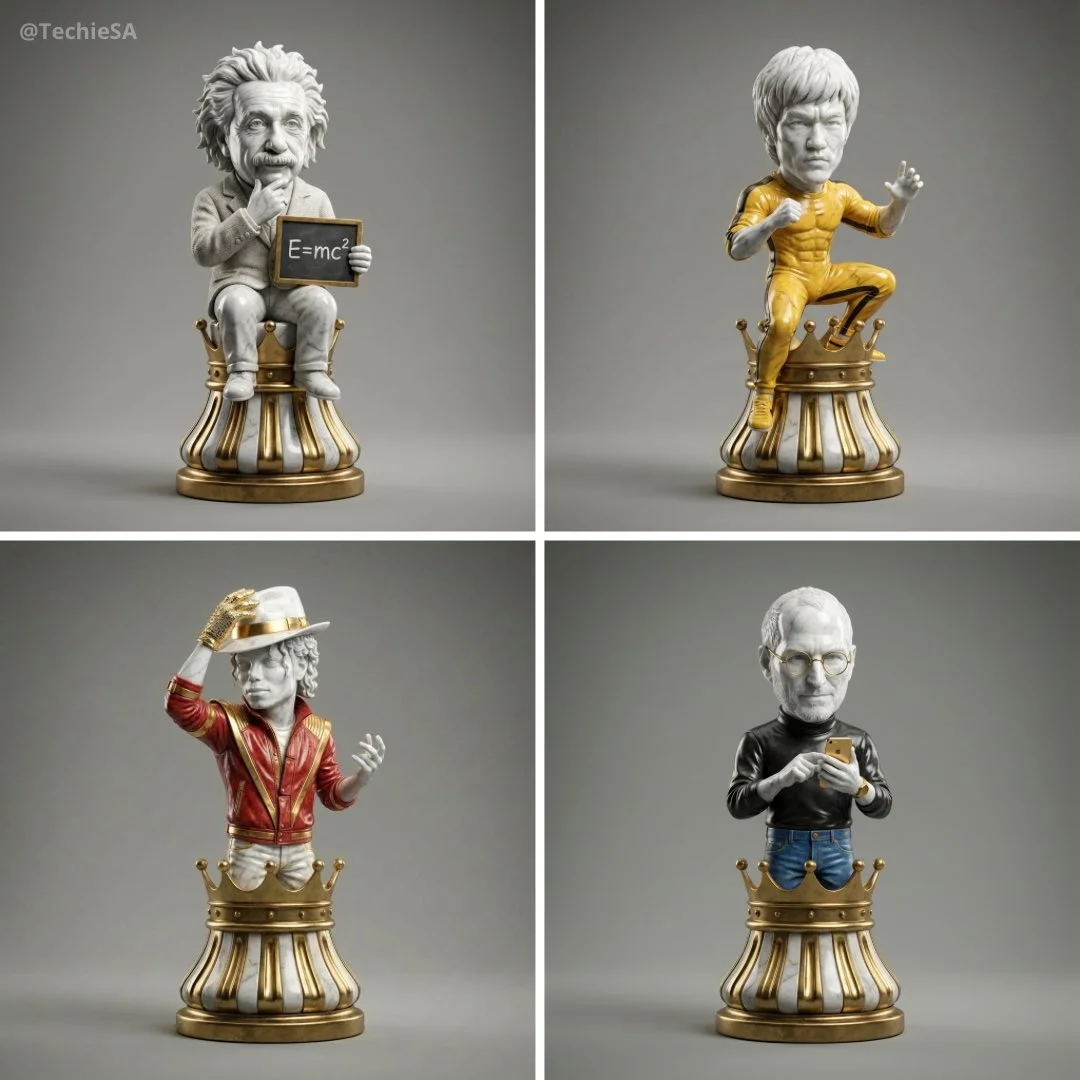 AI image: A hyper-detailed 3D render of a collectible chess piece designed as an iconic character. The figure is sculpted in polished marble and gold accents, with a stylized base resembling a classic chess piece. The character's iconic features, clothing, or accessories are faithfully captured in a simplified but instantly recognizable form. Studio lighting with soft reflections, dramatic shadows, photorealistic textures, cinematic presentation.