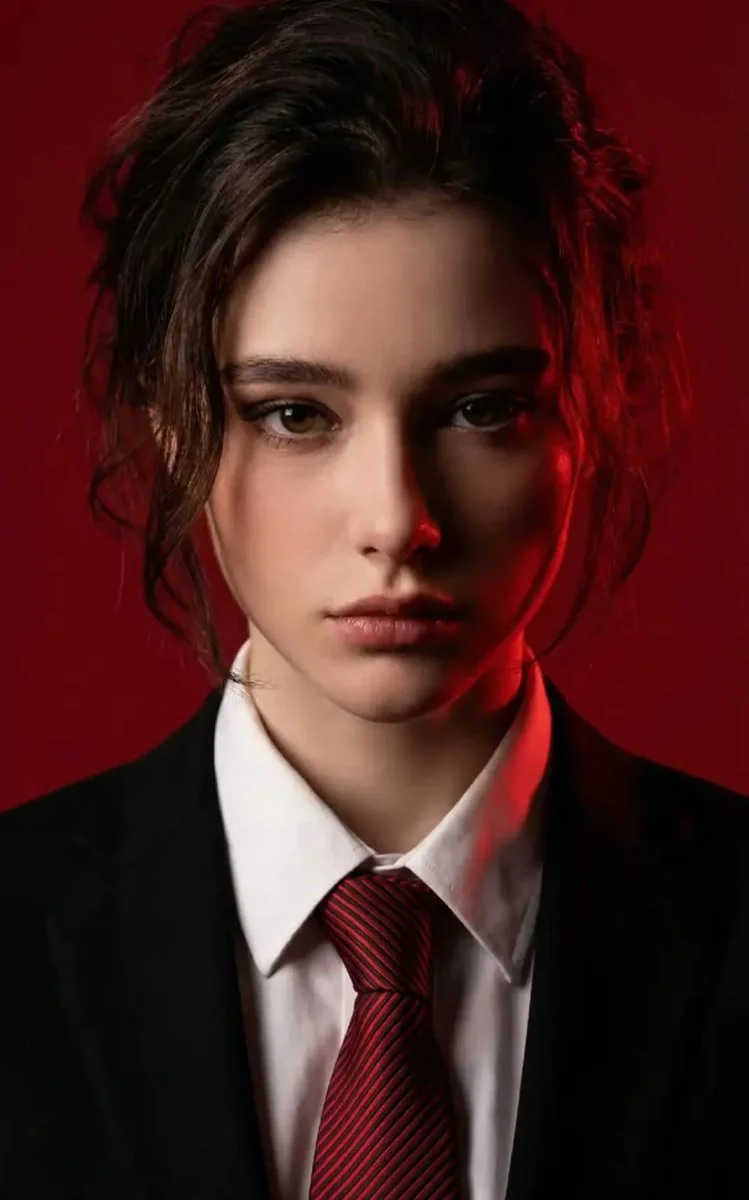 AI image: Create an Ultra-realistic 8k portrait, standing against a deep red background. Sharp facial features, messy styled dark hair, and a confident, slightly intense expression. Wearing a black suits jacket over a white shirt with the collar slightly open paired with a net red stripped tie. Dramatic red and black lighting highlights the contour of face, jawline, and neck creating a cinematic powerful and moody atmosphere.