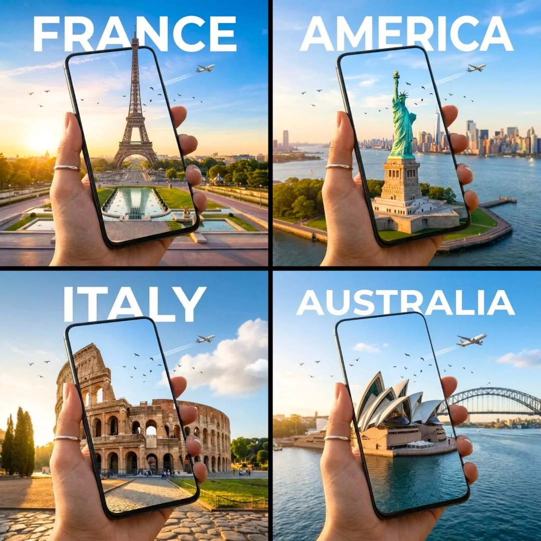 AI image: A hyper-realistic travel advertisement in square format, featuring a hand holding a sleek, ultra-thin smartphone or tablet in portrait orientation, tilted slightly sideways to create a striking 3D portal effect. The screen displays a high-resolution image of an iconic landmark which continues into the real background, blending seamlessly. The landmark appears to emerge from the screen. Birds fly nearby and a commercial airplane passes through a bright blue sky.