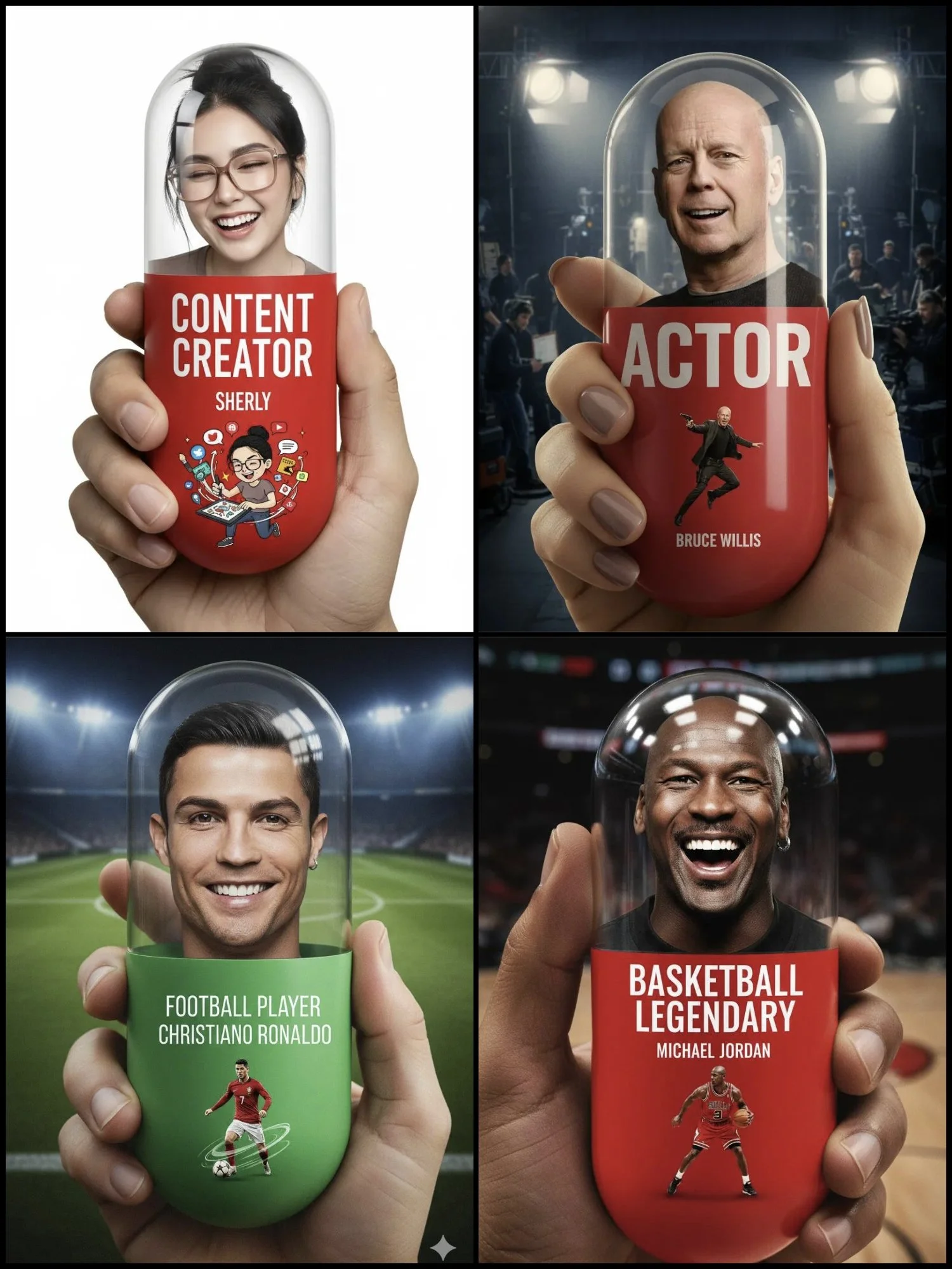 AI image: Extreme close-up of a human hand holding a giant vertical pill. The pill has a clear glass top section and the lower 3/4 is matte bright-red. Inside the pill, show a person performing a dynamic basketball dribbling pose with high energy. Scene style: funny, chaotic, thrilling, slightly creepy, and intense. Background: an NBA basketball court, with full cinematic lighting, dramatic shadows, and rich color depth. Ultra-HD realism with fine grain, crisp micro-details, glass reflections.