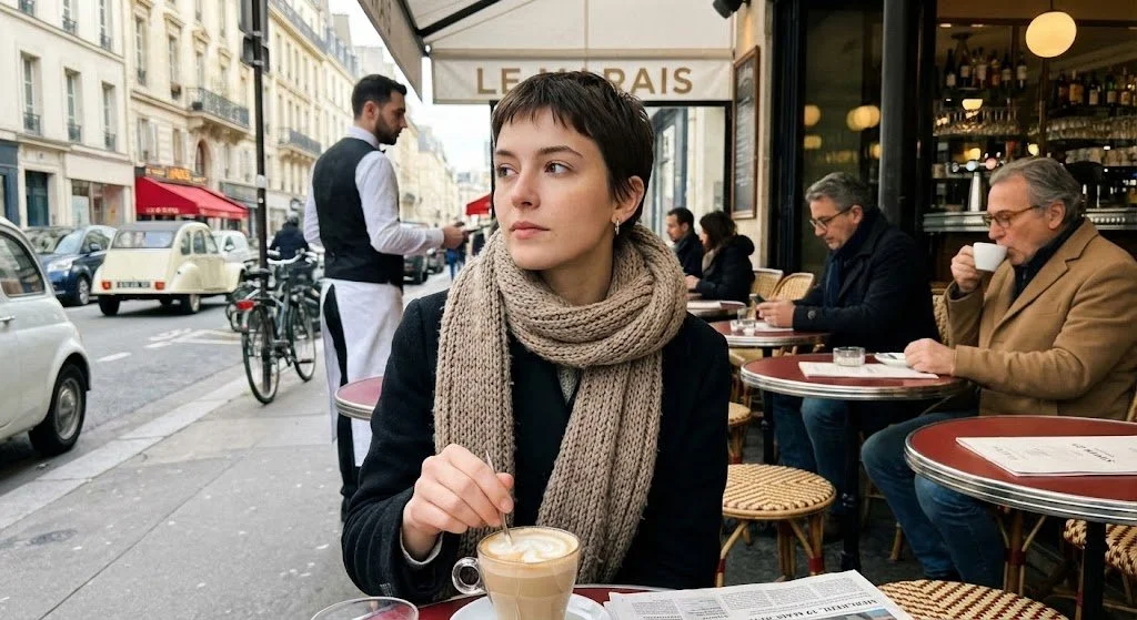 AI image: Generate a photorealistic image of a cafe terrace in the Marais district of Paris on a Wednesday morning in March 2025. It is a crisp, cool spring morning with clear skies. Locals are drinking coffee. In sharp focus should be a young woman with a pixie cut wearing a scarf, stirring a cappuccino and looking thoughtfully to the side; the waiter and street traffic behind her are blurred. The photo should have the candid, natural morning light feel of an iPhone image.