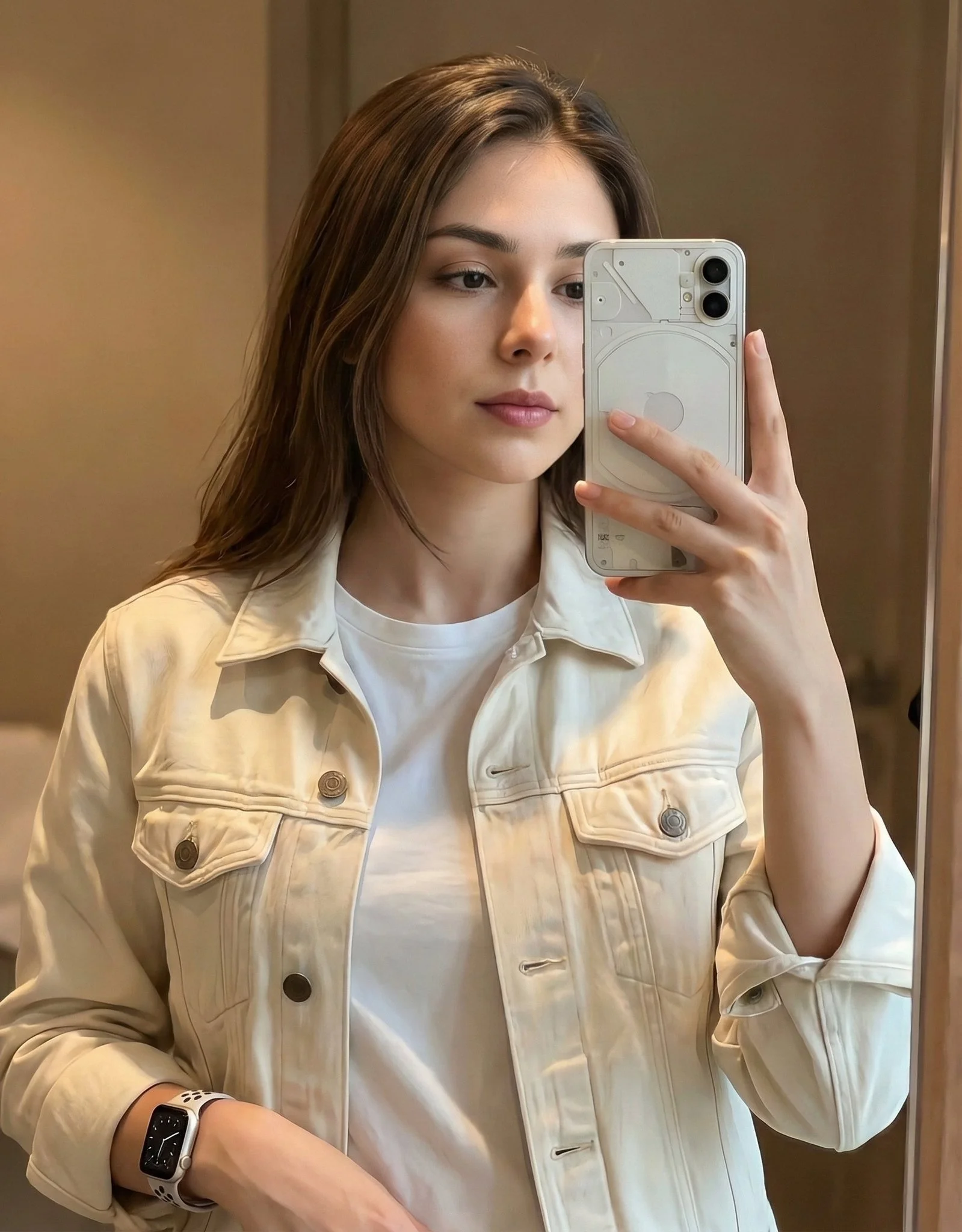 AI image: Young woman with long brown hair. Cream/off-white denim jacket, white T-shirt, Apple digital watch on wrist. Taking mirror selfie, close-up portrait. White smartphone with distinctive transparent back design visible. Soft warm lighting, blurred indoor background context. Ultrarealistic high-detail 8K resolution photography.