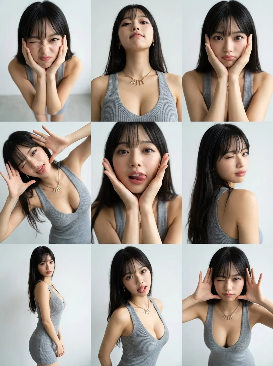 AI image: Generate 3x3 photo grid. Person makes cute funny slightly weird expression and pose—same expression/pose consistent across 9 panels. Each panel uses different camera angle: high angle, low angle, eye-level, dutch angle, close-up, over-the-shoulder, wide side shot, 45-degree front, slight birds-eye. Photorealistic clean lighting, real camera lens rendering. Modern minimal aesthetic.