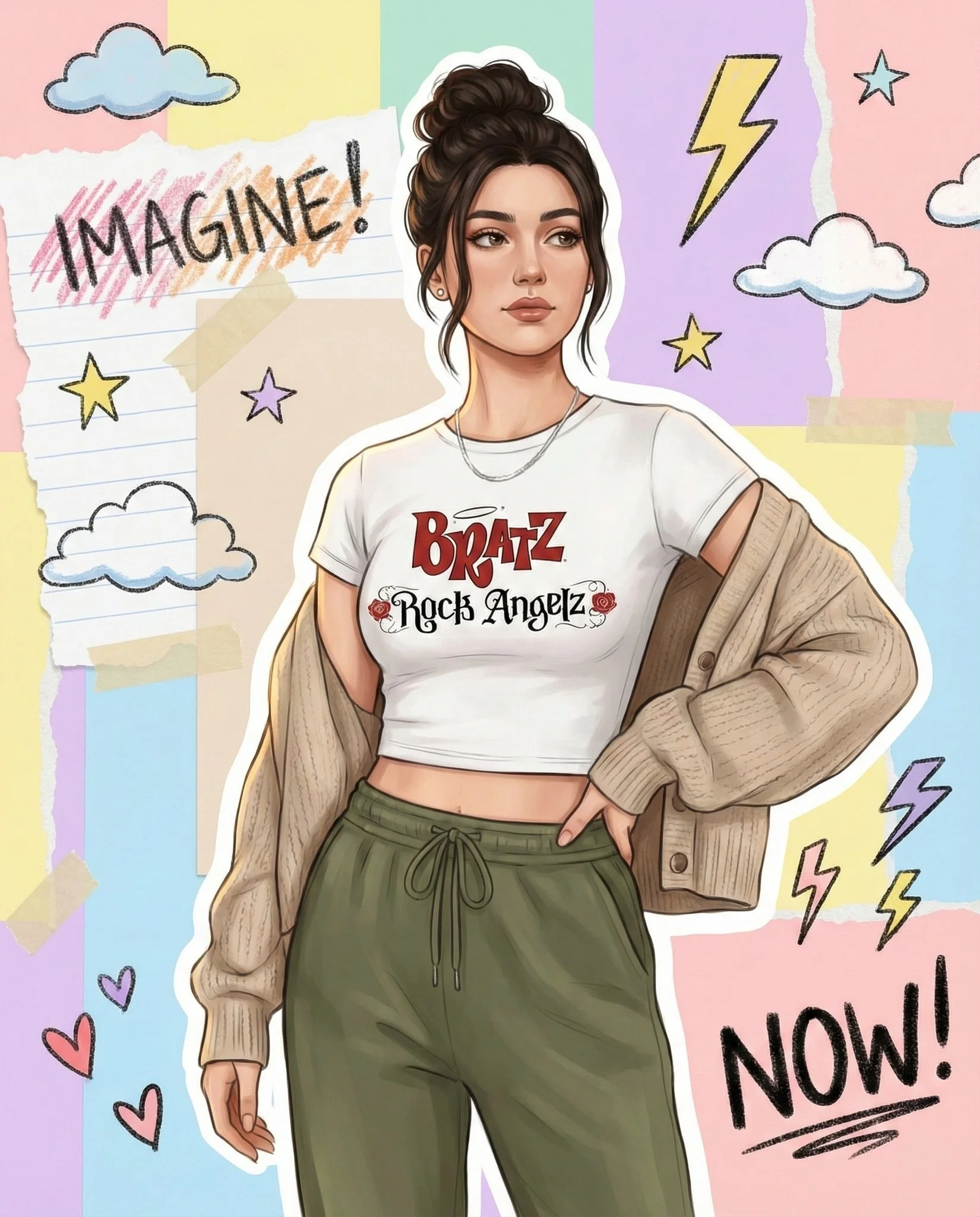 AI image: Vibrant semi-realistic illustration: realistic face with soft cartoon outlines. Scrapbook collage background: torn paper, tape strips, layered textures, pastel color blocks, doodles (clouds, stars, hearts, sparkles), handwritten text. Warm brown, creamy beige, soft pinks, muted greens, vibrant red accents. Ultra high-resolution, clean, vibrant, polished.