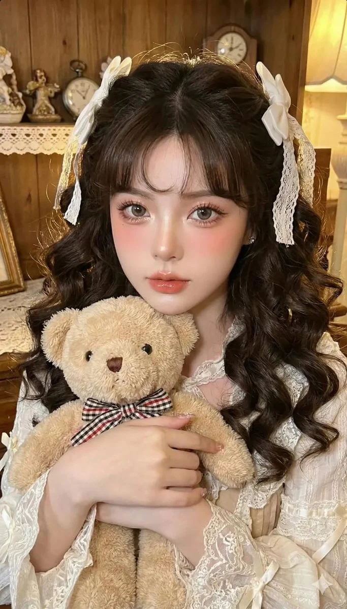 AI image: Woman with smooth pale skin, warm undertones, soft porcelain doll appearance. Gentle, innocent, slightly melancholic expression hugging doll. Peach-pink blush under eyes and nose sides. Large round sparkling eyes resembling illustrated doll eyes. Long thick lashes, subtle peach/milky brown eyeshadow with shimmer. Soft peach glossy lips. Voluminous soft curled dark brown hair with light shimmer highlights, decorated with white ribbons and delicate lace.