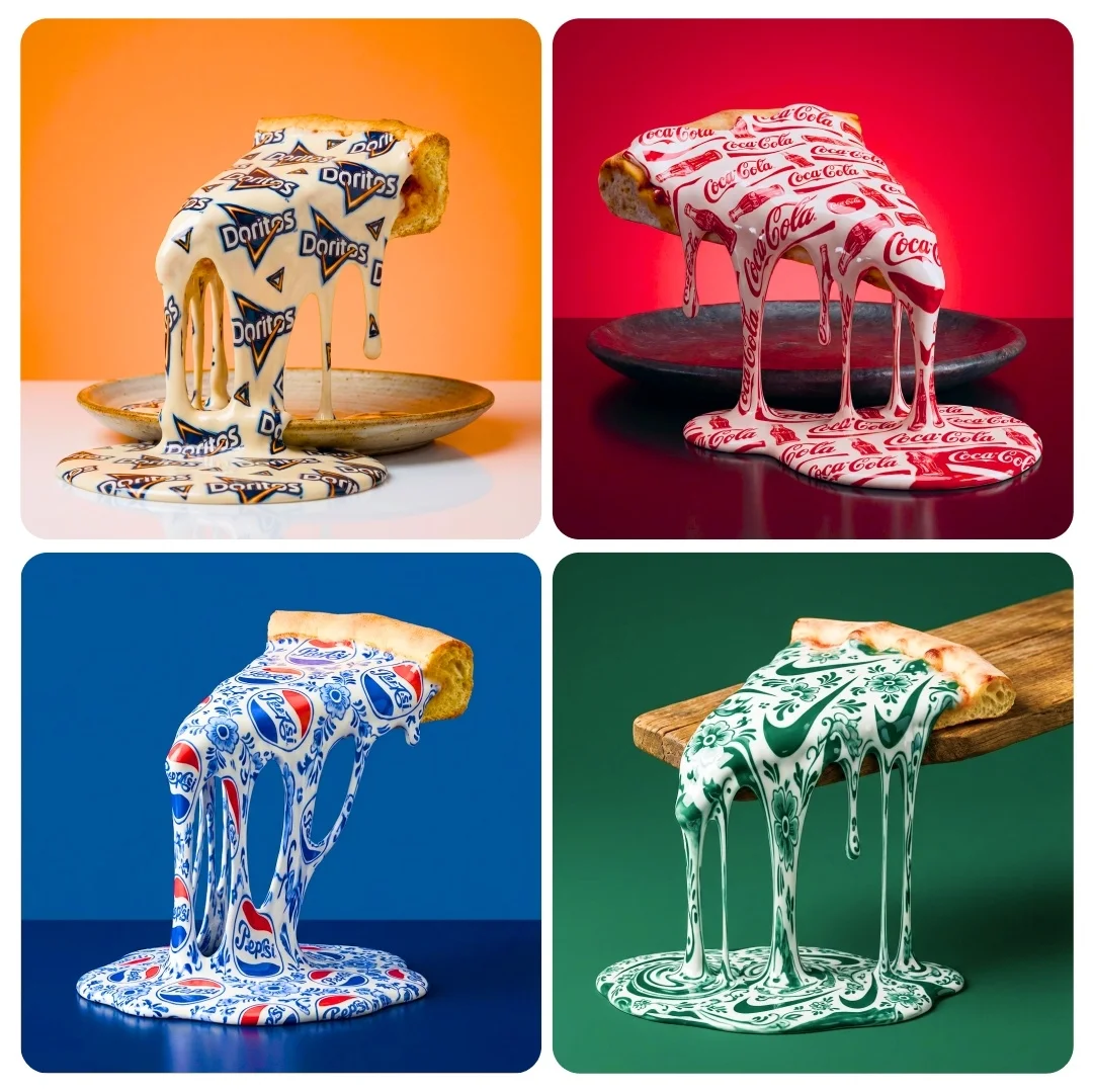 AI image: Surreal studio photograph: pizza slice with cheese transformed into thick, melted, flowing substance resembling molten ceramic. Flowing mass covered in repeating colors and white Delftware-style pattern. Drips in long strands from slice, pools onto surface below, retaining pattern even in puddle. Crust visible but overwhelmed by patterned flow. Studio lighting, soft shadows.