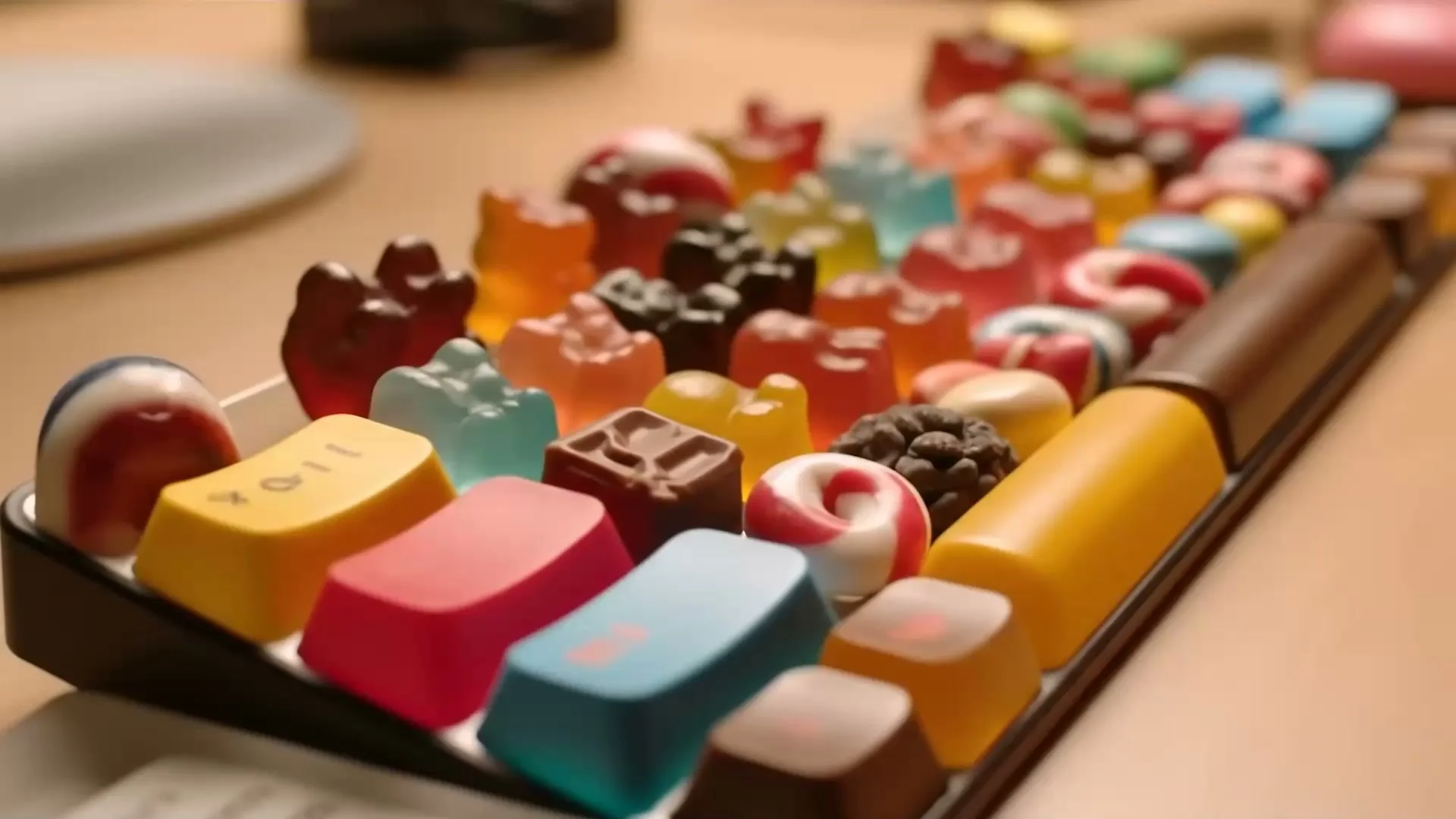 AI video thumbnail: A keyboard whose keys are made of different types of candy. Typing makes sweet, crunchy sounds. Audio: Crunchy, sugary typing sounds, delighted giggles.
